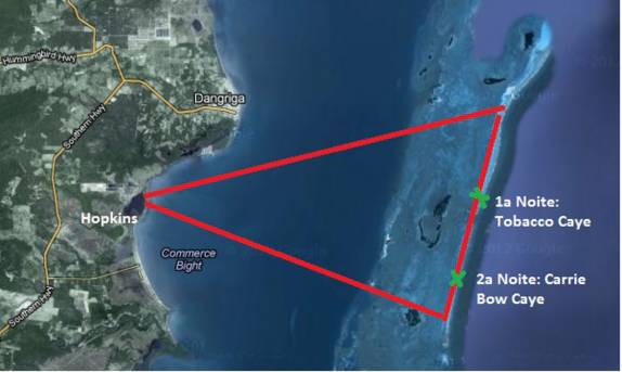 Nosso percurso de veleiro, saindo de Hopkins, indo até algumas ilhas na grande barreira de corais de Belize e retornando